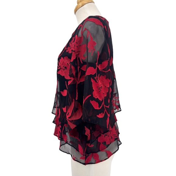 Alex Evenings Black & Red Floral Layered Asymmetrical Hem Blouse, Small - Picture 5 of 17